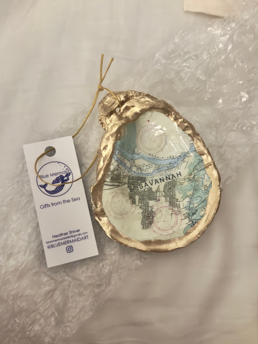 Blue Mermaid Savannah Map Oyster Shell Accent Dish with Gold Edge